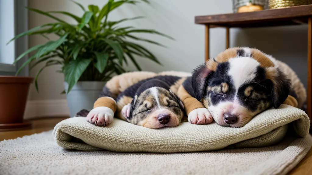 Tierschutzwelpe beschnuppert Verbandsmaterial der Erstausstattung auf dem Wohnungsboden