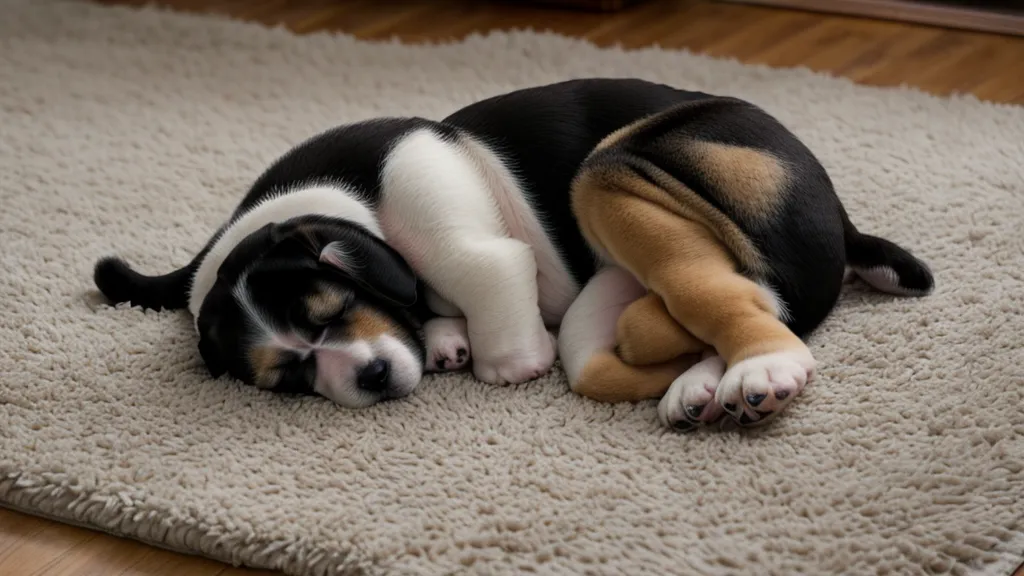 Schlafender Welpe auf der Küchentreppe nach einem anstrengenden Tag mitten im Puppy-Blues