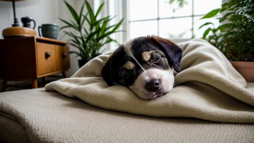 Tierschutzhund-Welpe zwischen den Resten eines zerkauten Kissens, typische Puppy-Blues-Szene im Wohnzimmer