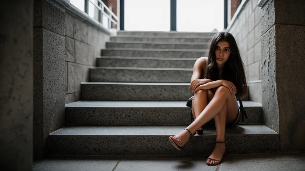 Erschöpfte Studentin sitzt mit Hundeleine auf der Treppe – ehrlicher Moment im Welpenalltag.