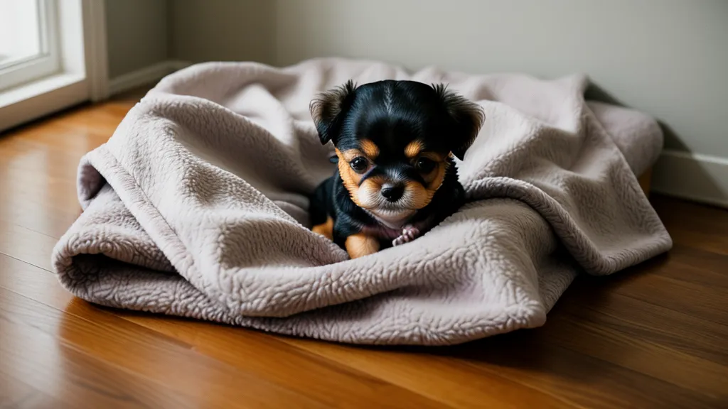 Hundedecke mit Kauspielzeug als Ruhezone für den Welpen während des Café-Besuchs