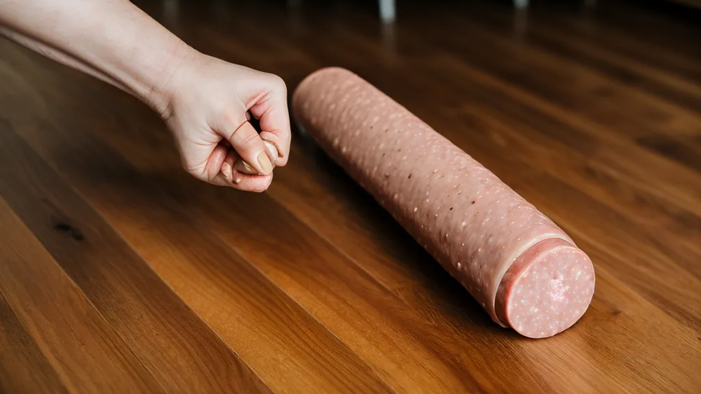 Hand füttert den Welpen unauffällig mit Leberwurst aus der Tube unterm Restauranttisch