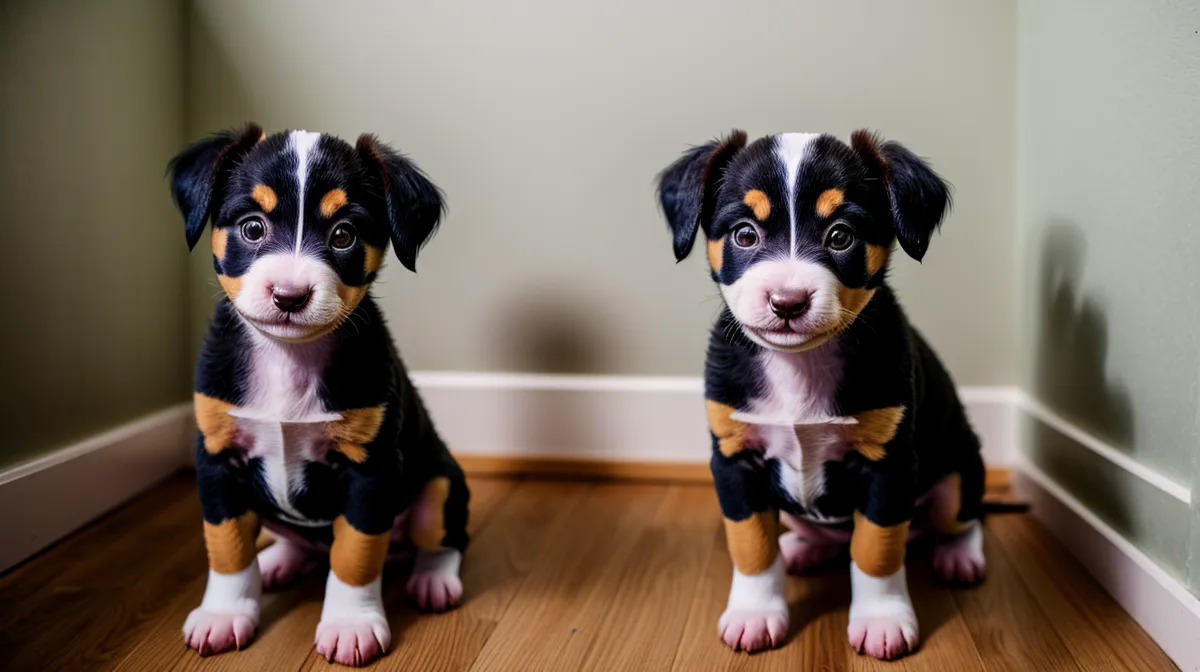 Welpe übt Bleib-Kommando in der Wohnung: Hundetraining für Anfänger mit Geduld