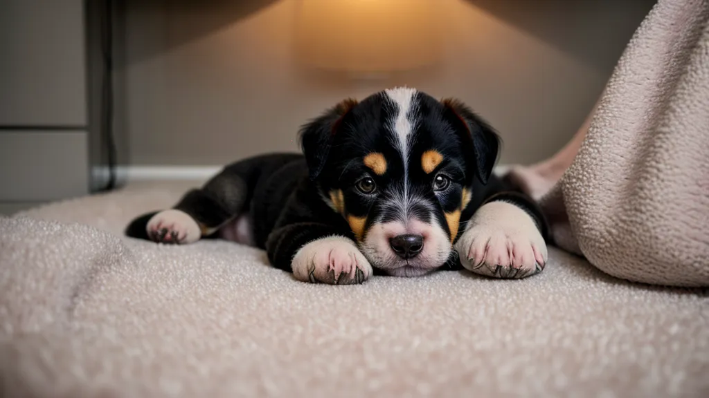 Tierschutzwelpe schläft fest in der Hundebox nach erfolgreicher Gewöhnung ans eigene Schlafplatz