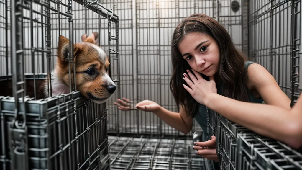 Beruhigende Hand streichelt Welpen durch die Gitterstäbe während der Hundebox-Gewöhnung in der Nacht