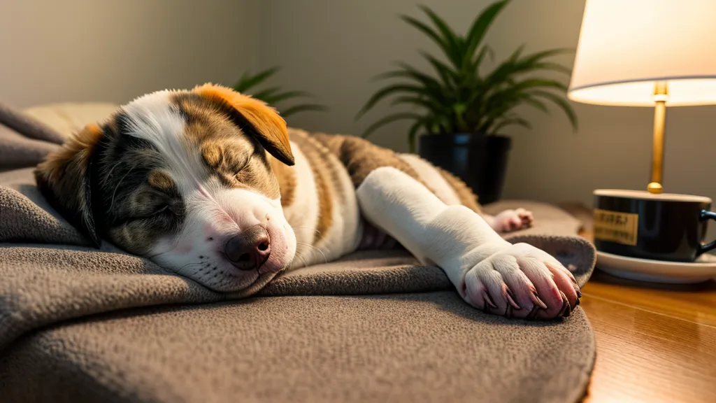 Welpe im Homeoffice beschäftigen während des Studiums – ruhiger Hund neben vollem Schreibtisch mit Laptop