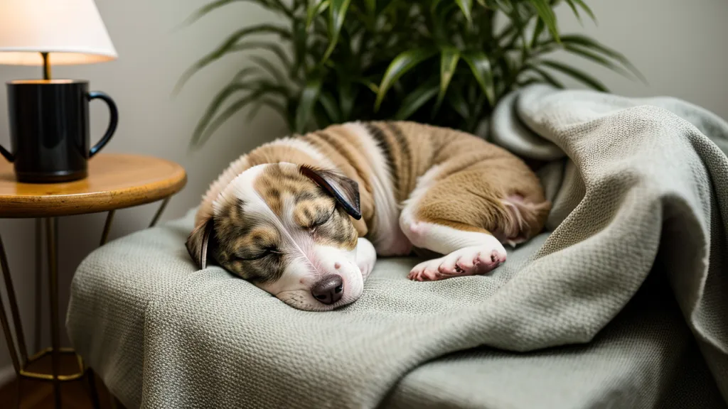 Schreibtisch mit Fachliteratur fürs Studium und Hundekörbchen darunter im Homeoffice mit Welpe