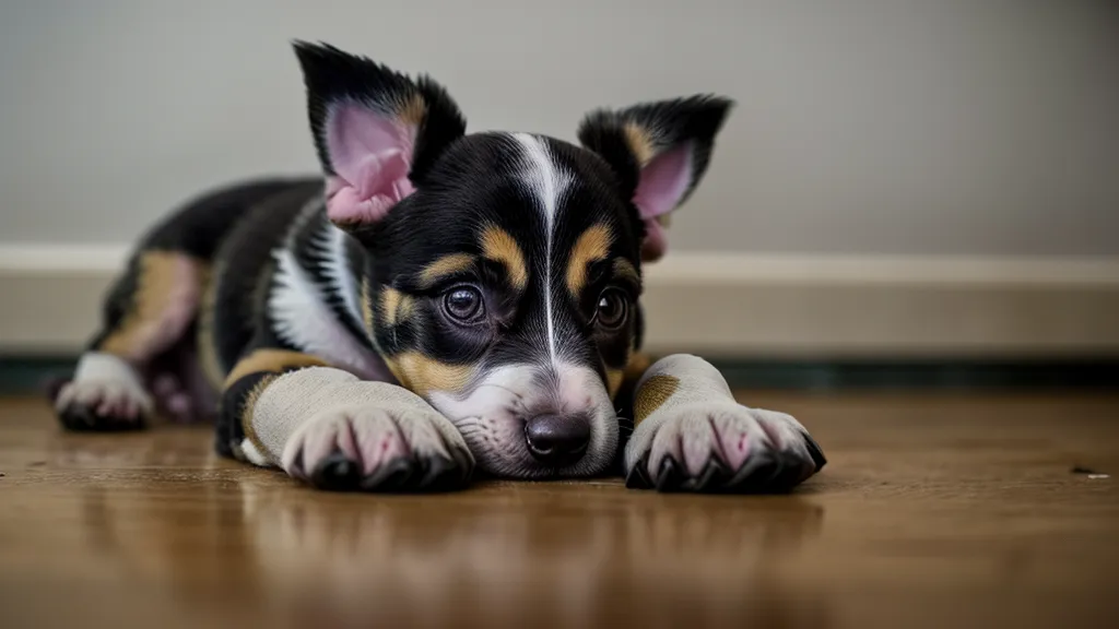 Welpe hat mitten in der Nacht ein Buch angeknabbert statt zu schlafen – typische Szene aus dem Studentenleben mit Hund