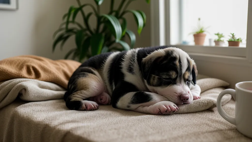 Puppy-Blues-Alltag: Welpe knabbert im Abend-Chaos an der Gardine in der Altbauwohnung