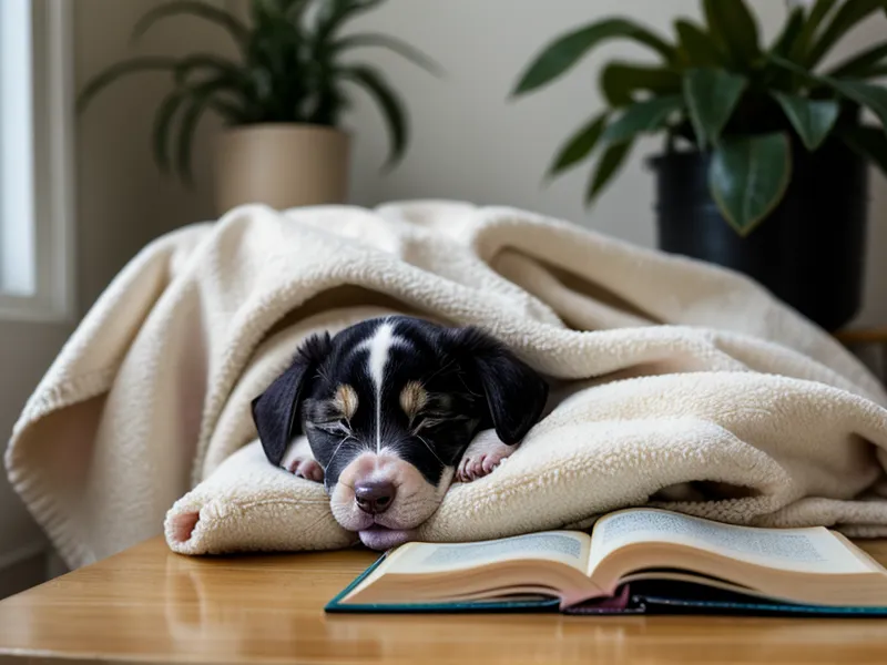 Welpe entspannt auf einer Decke neben einer selbstgebauten Schnüffelbox – ruhiges Indoor-Spiel für die Wohnung gegen Puppy Blues